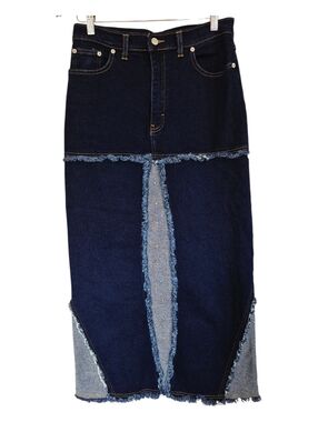 Ice Cool Collections Denim Fringe Patched Maxi Skirt With Rivets Size 12
